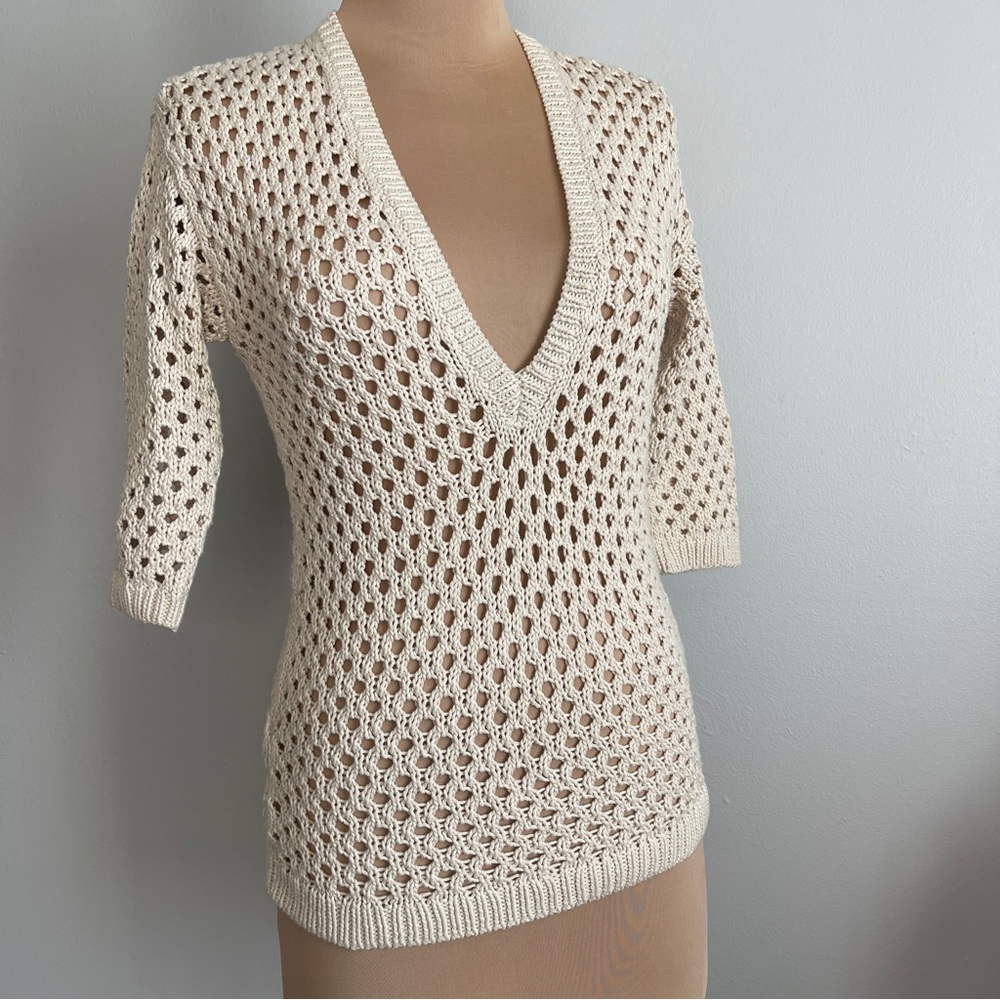 Beige Crochet V-Neck Sweater 3/4 Sleeves Beachwear Resort Layer Coastal Grandma
